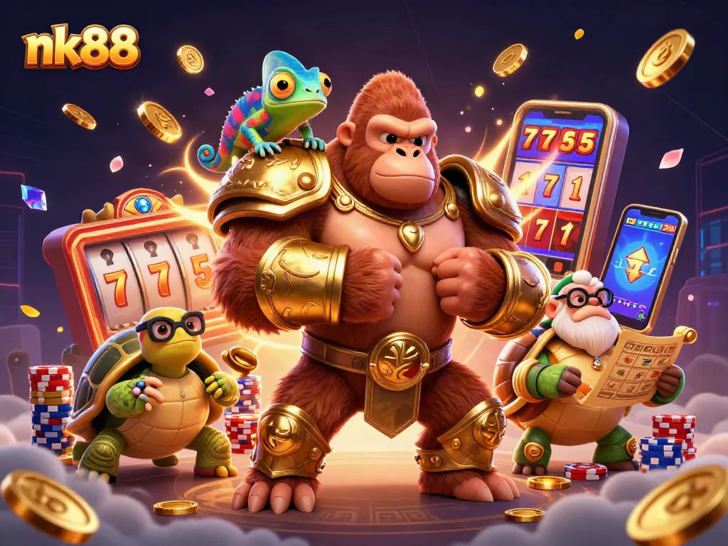 nk88 slots action with a cartoon gorilla king, chameleon, and tortoise amidst winning symbols and coins