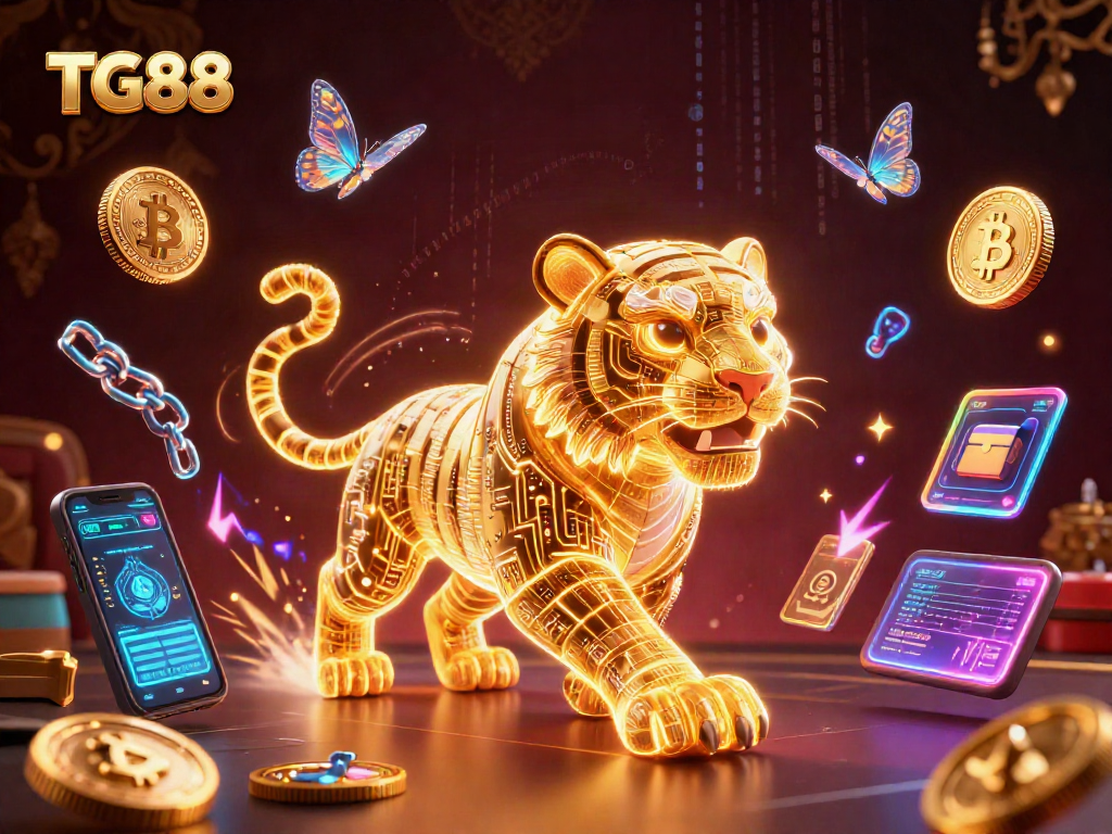 Engage with TG88's thrilling casino landscape featuring a golden tiger and crypto elements.