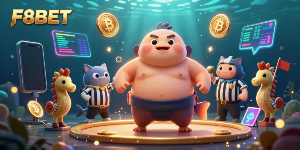 Engage with F8BET's exciting underwater casino, featuring fugu and catfish characters amidst vibrant graphics.