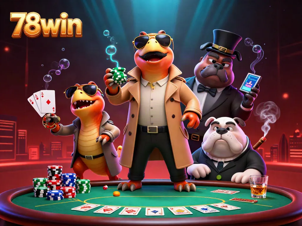 Experience thrilling poker action at 78win with dynamic 3D raptors in a casino scene.