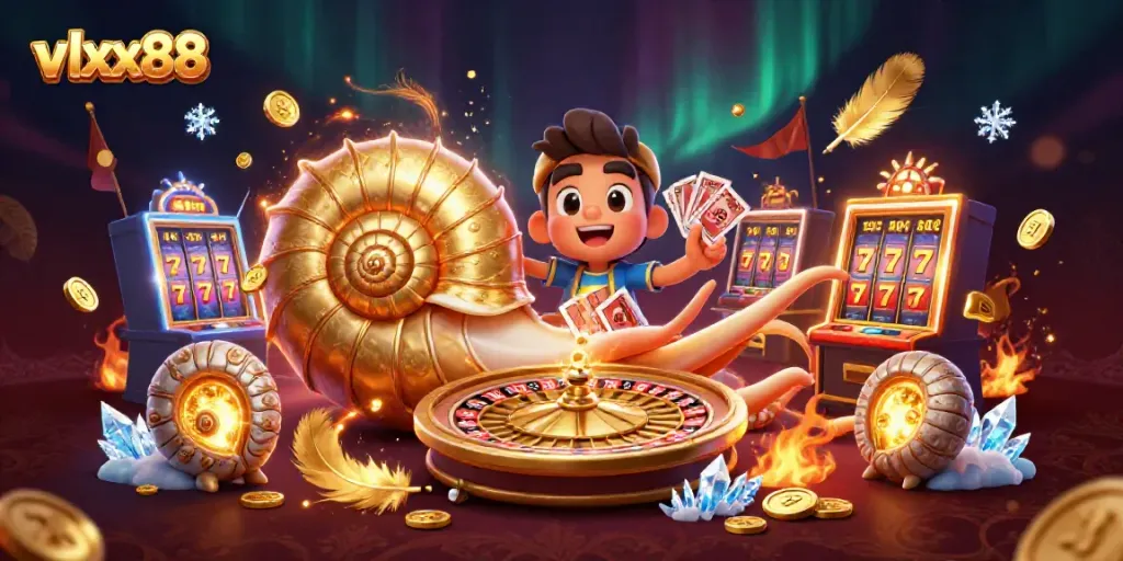 vlxx88 showcases a vibrant casino scene with a giant nautilus as a roulette wheel, symbolizing gaming excitement.