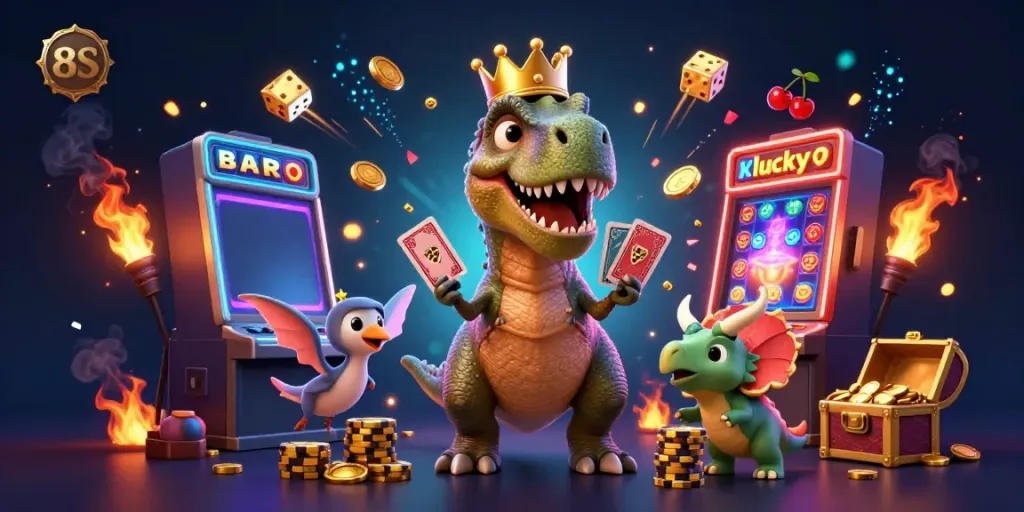 Enjoy thrilling casino fun with 8S as a T-Rex shuffles cards and a pterodactyl assists!
