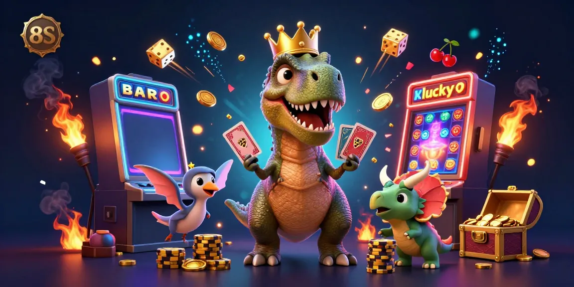 Enjoy thrilling casino fun with 8S as a T-Rex shuffles cards and a pterodactyl assists!