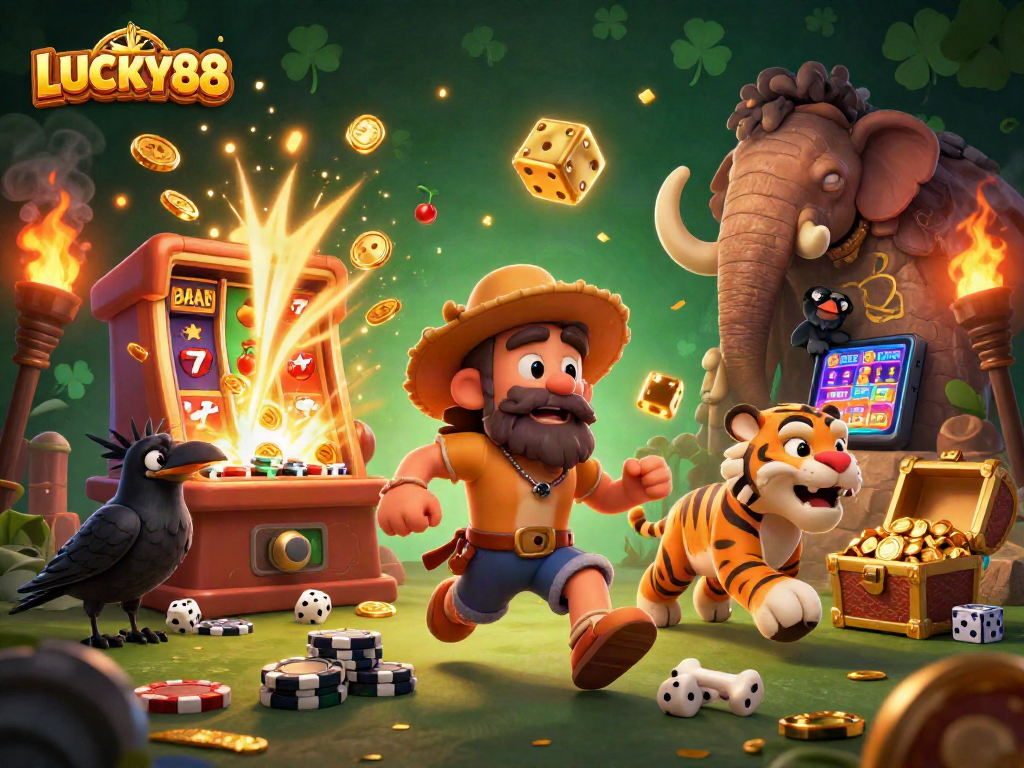 Engage with LUCKY88 as the sabertooth tiger and caveman enjoy their jackpot casino adventure.