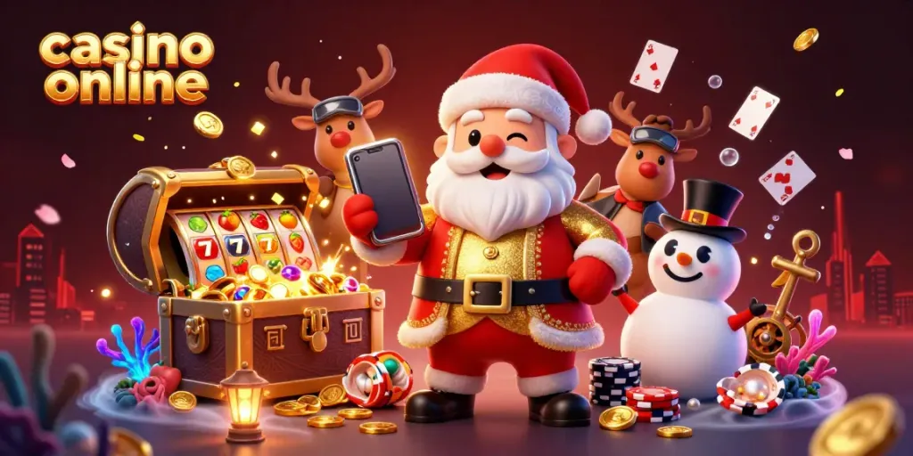 Cherish the festive charm of a casino online scene with Santa, reindeer, and a snowman surrounded by jackpot symbols.