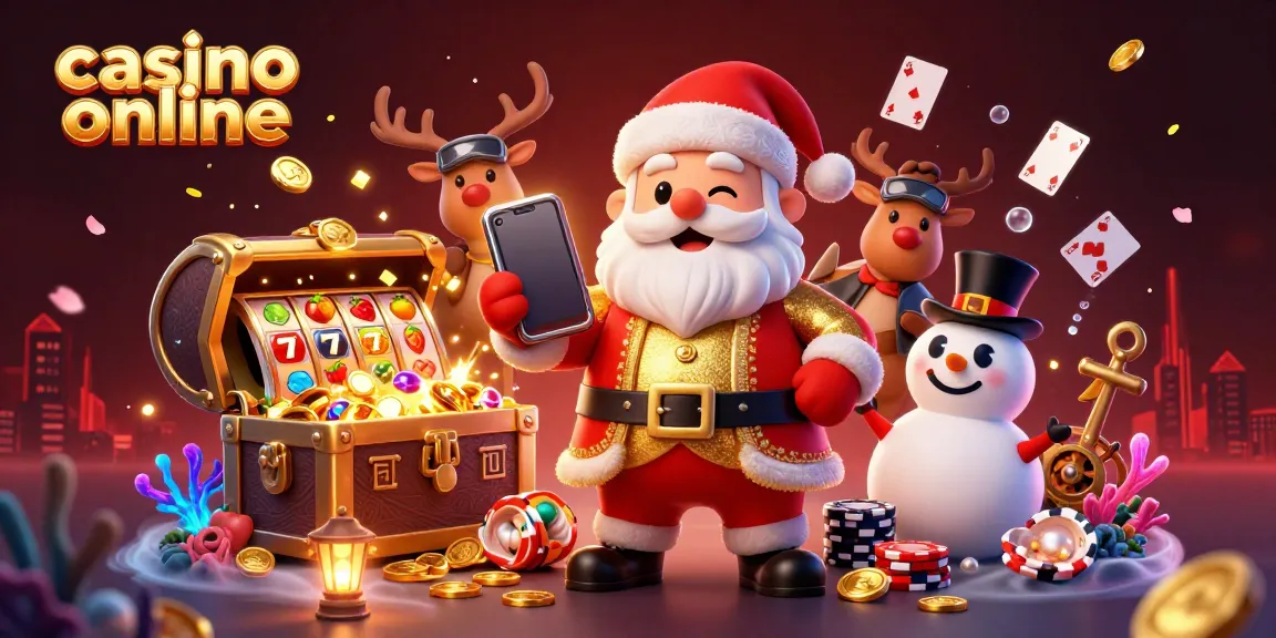 Cherish the festive charm of a casino online scene with Santa, reindeer, and a snowman surrounded by jackpot symbols.