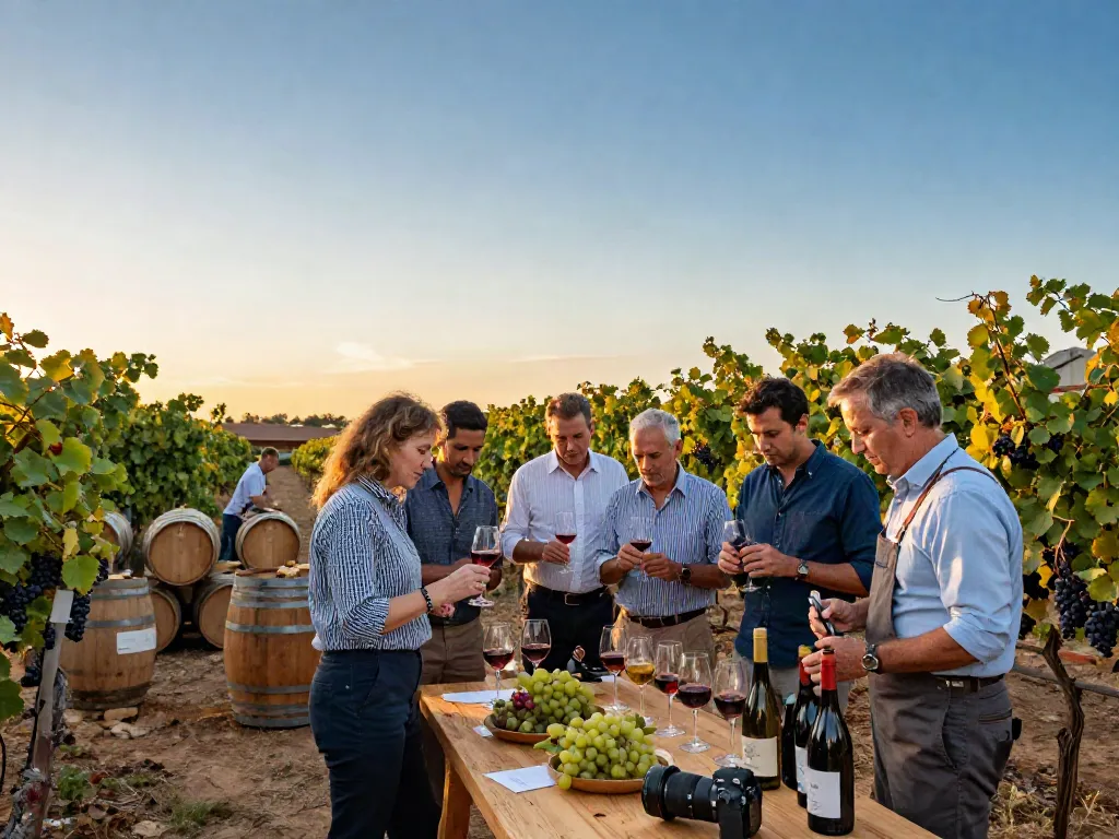 Winemakers collaborating at avpwinecollective.com vineyard during golden hour.