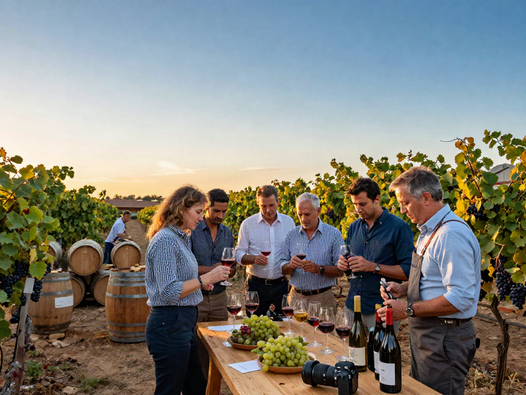 Winemakers collaborating at avpwinecollective.com vineyard during golden hour.