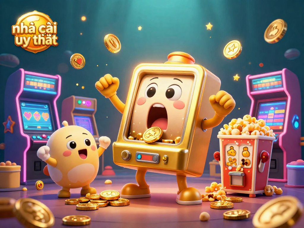 Experience winning with nhà cái uy tín featuring cartoon slot machines hitting jackpots and showered in coins.