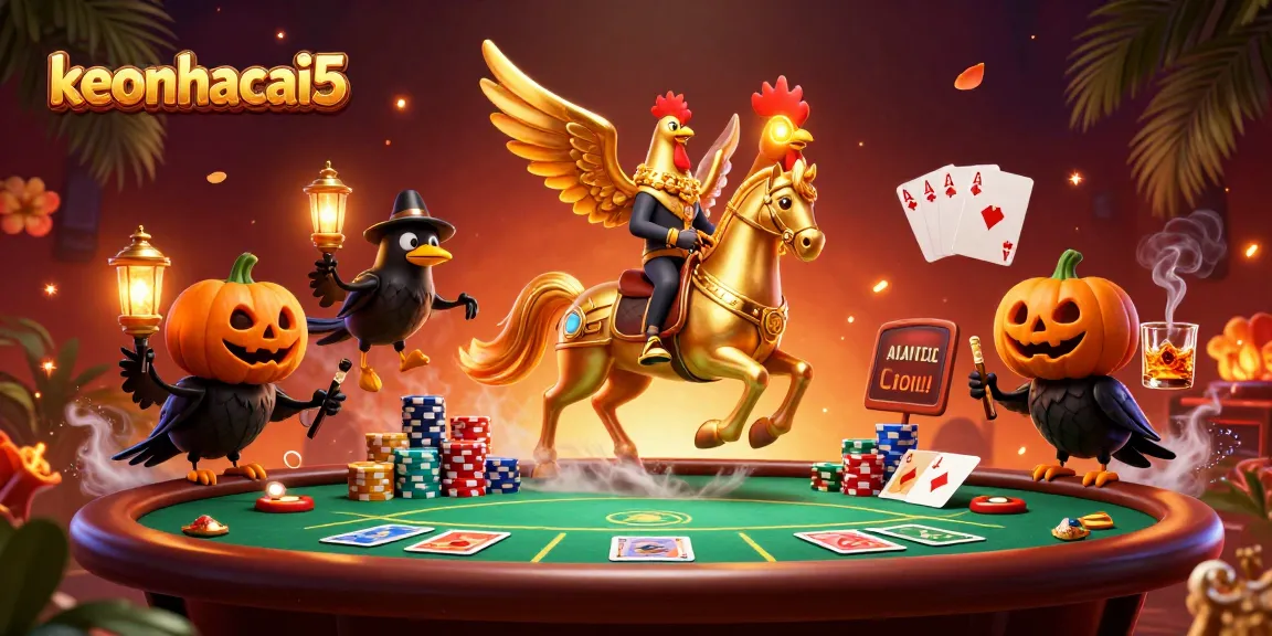 Experience the thrill at keonhacai5 with a golden rooster headless horseman in a vibrant casino scene.