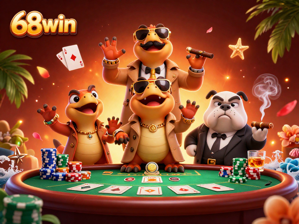 Engage with thrilling poker action at 68win, where raptors hilariously attempt VIP entry amid vibrant casino elements.