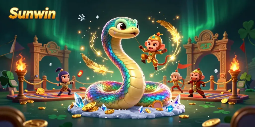 Engage with Sunwin's vibrant gaming scene featuring a colorful rainbow serpent and monkey king amidst gold coins and betting tokens.