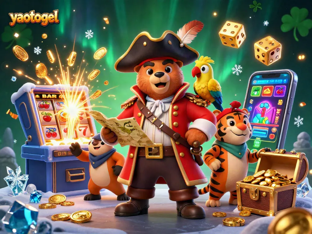 Engage with yaotogel through an exhilarating 3D scene of a cartoon pirate and tiger amidst casino elements.