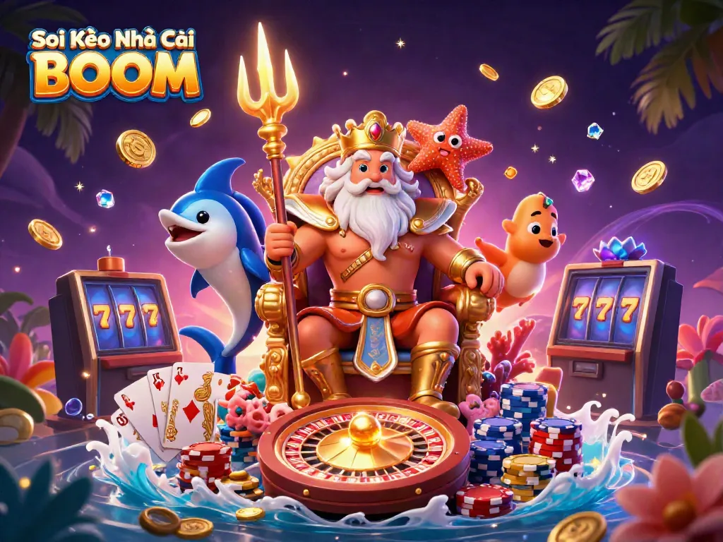 Soi Kèo Nhà Cái BOOM showcases Neptune on a coral throne surrounded by vibrant casino elements in a colorful scene.