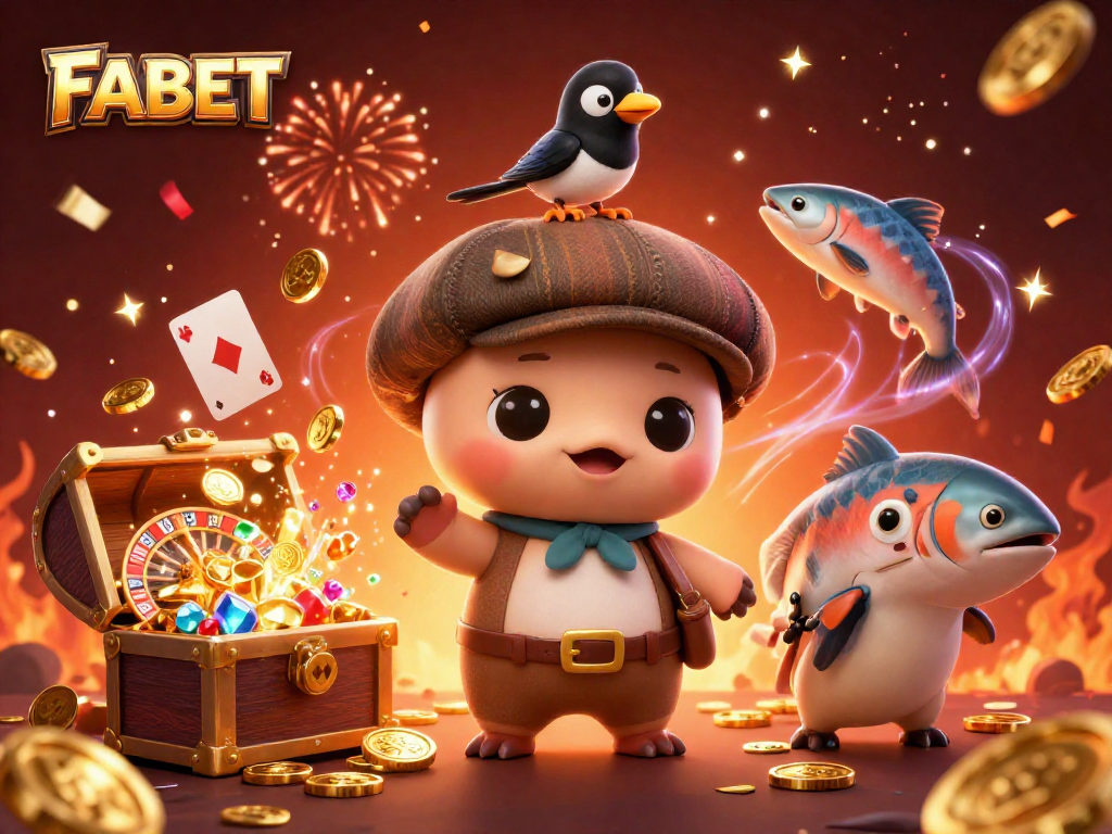 Join the excitement at FABET, where playful characters celebrate wins in a vibrant casino scene.