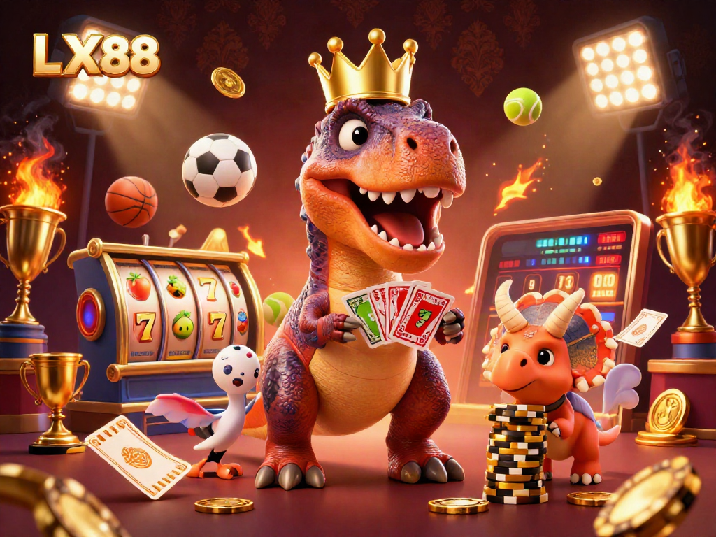 Engage in action with LX88 as a T-Rex shuffles cards and a pterodactyl holds them amidst a vibrant casino scene.