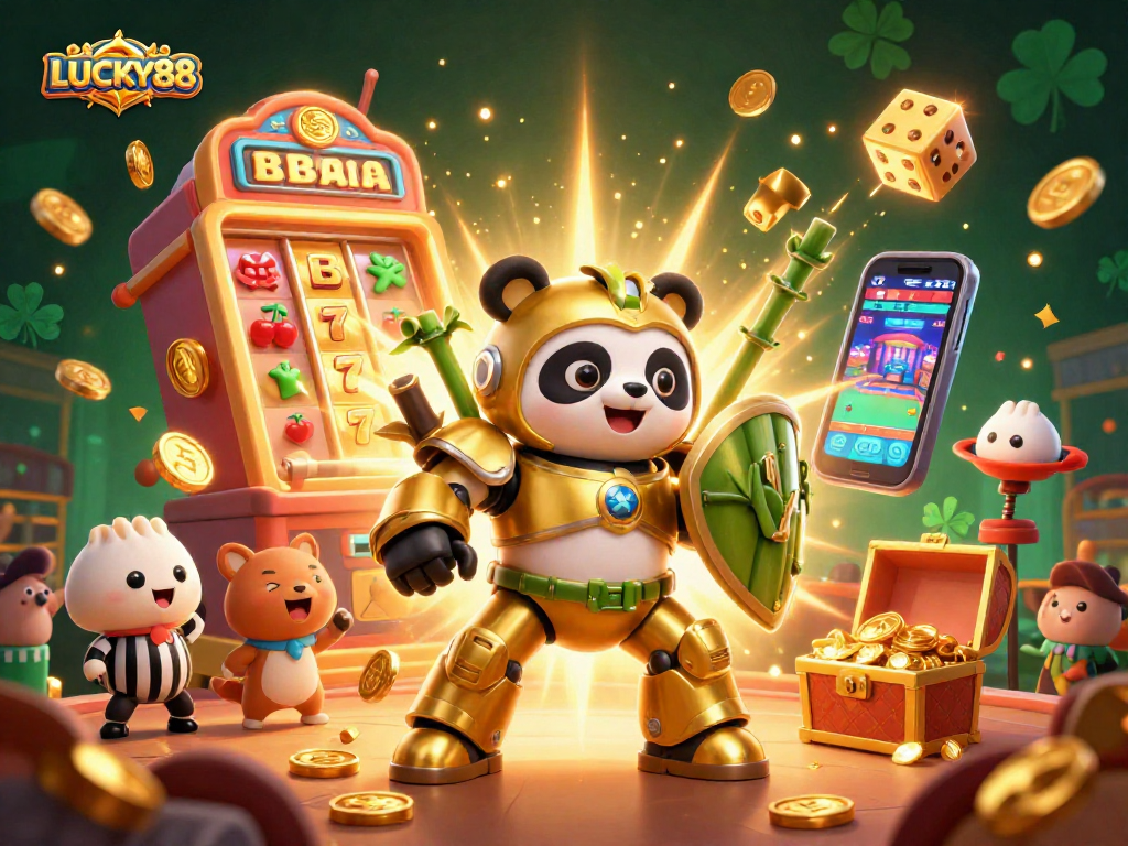 Celebrate LUCKY88's jackpot thrills with a dynamic 3D casino showdown featuring a golden panda and vibrant symbols.
