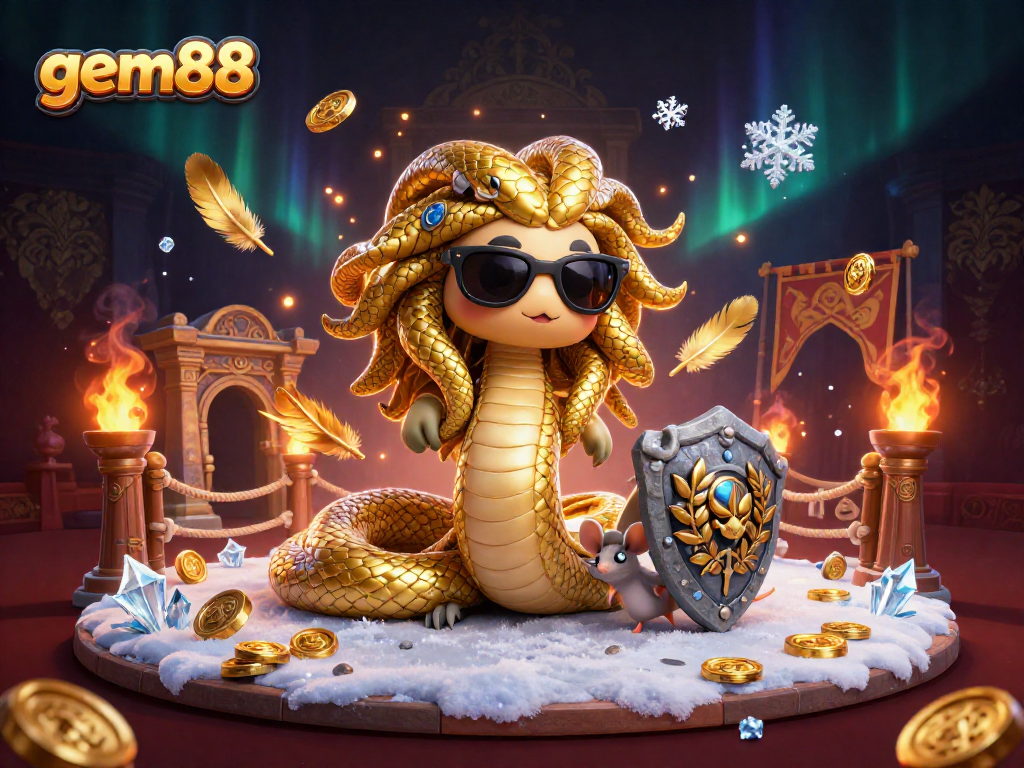 Engage in thrilling gameplay at gem88 with friendly Medusa and a warrior mouse amidst rich casino elements.
