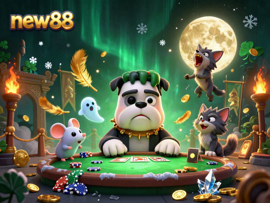 new88's spooky casino scene with Frankenstein bulldog dealing cards, ghost mouse, and werewolf kitten.