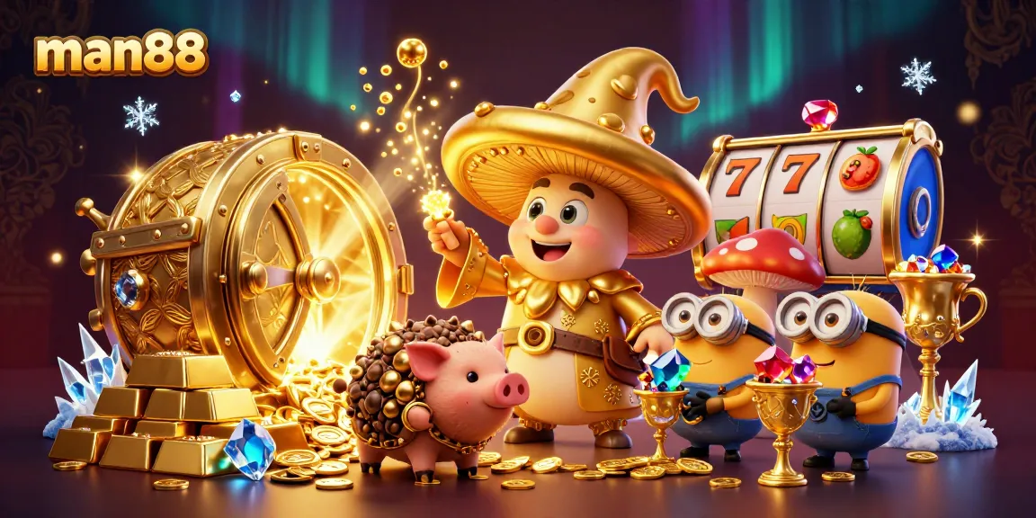 Join the fun and win at man88, featuring a golden mushroom wizard casting treasure spells in a vibrant casino scene.