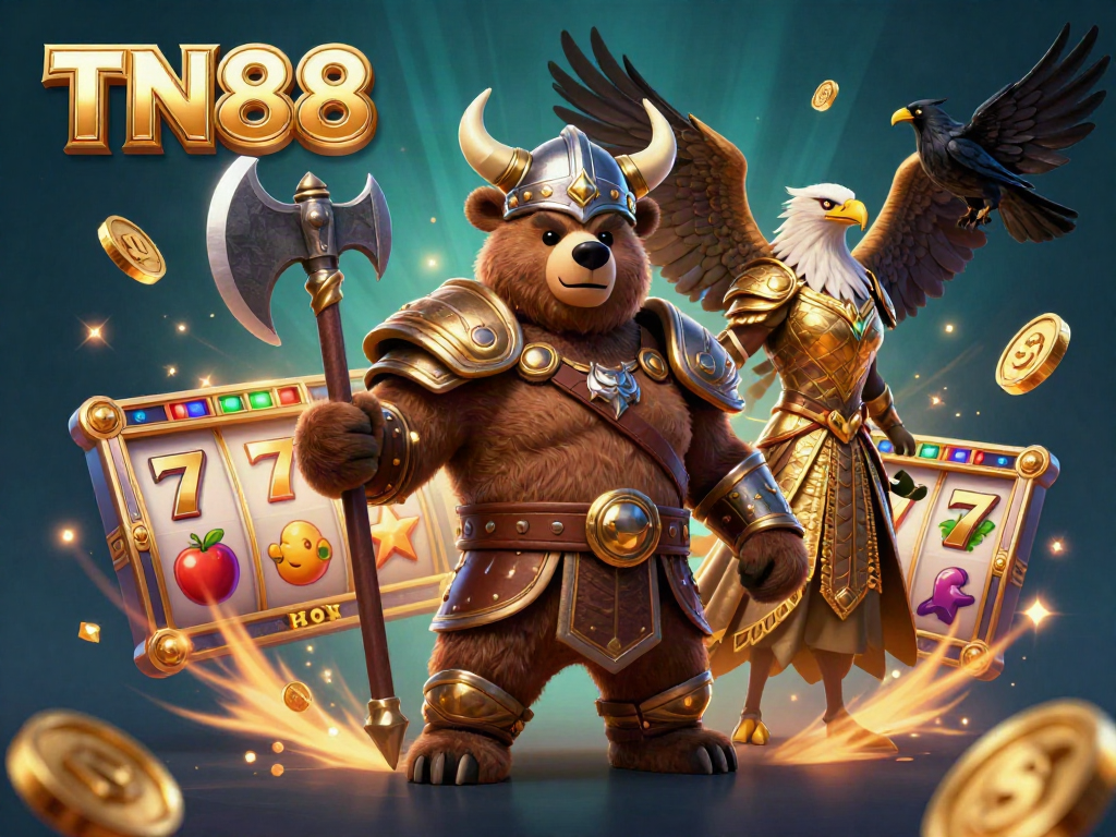 Engage with TN88's vibrant slots experience featuring a Viking bear, Valkyrie eagle, and dynamic casino elements.