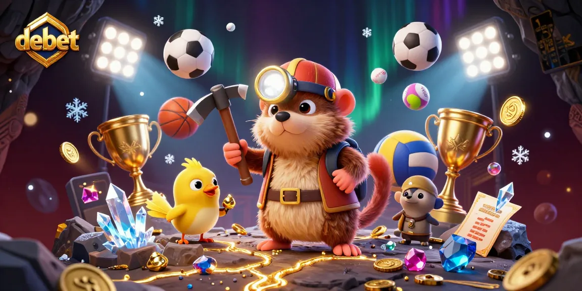Unleash your luck with the debet treasure hunter in a vibrant sports betting arena filled with dynamic elements.