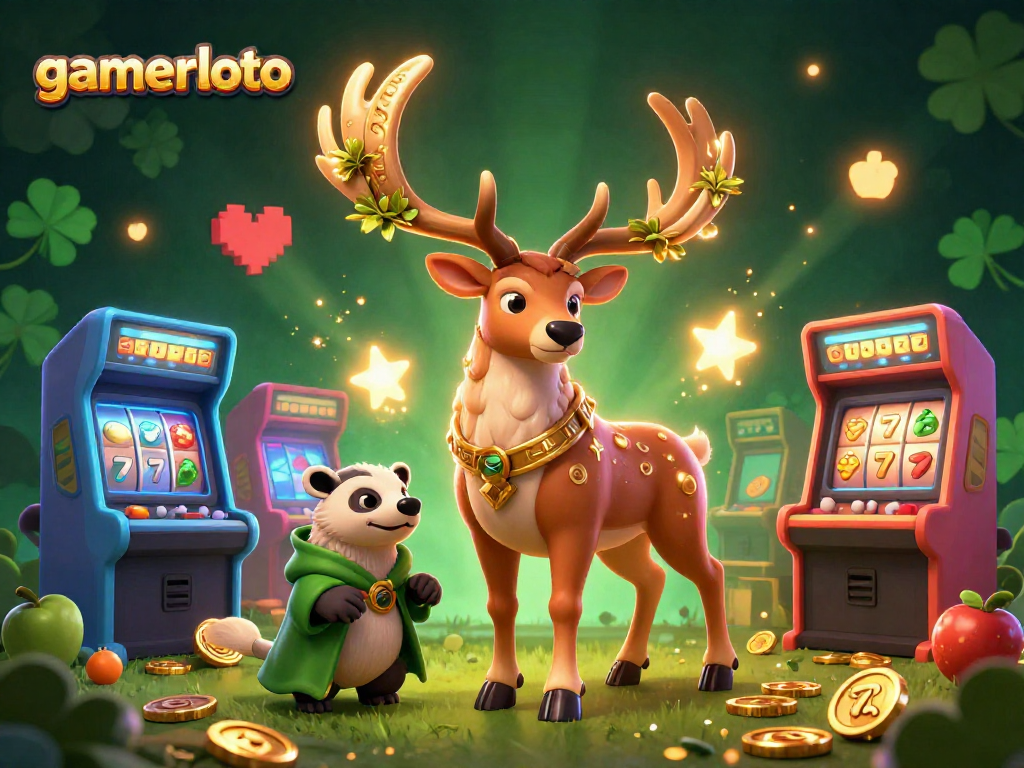 Experience gaming excitement at gamerloto with our 3D casino scene featuring slot reels and magical characters.
