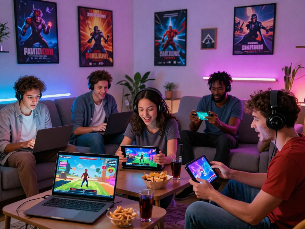 Exciting group of friends playing porn games on devices in a cozy gaming space