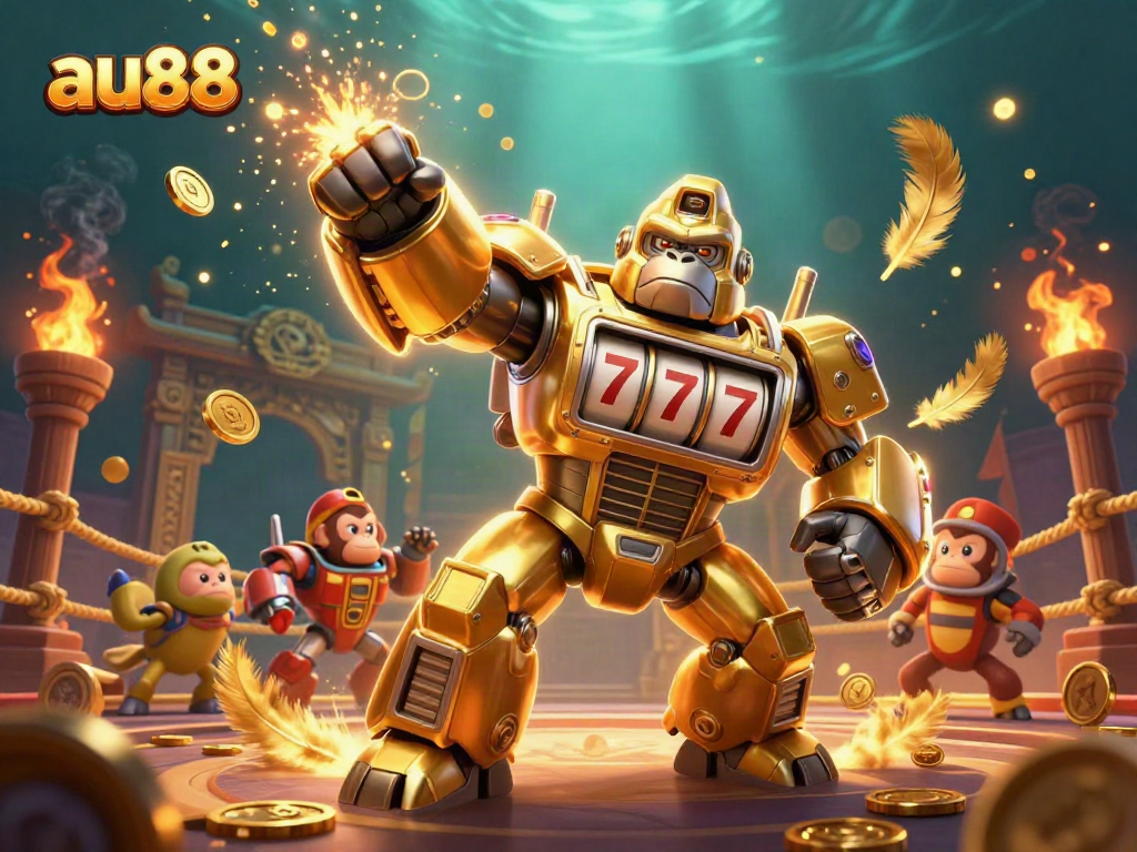 Engage in thrilling gameplay at au88 with a dynamic scene featuring a golden gorilla mech and vibrant casino elements.