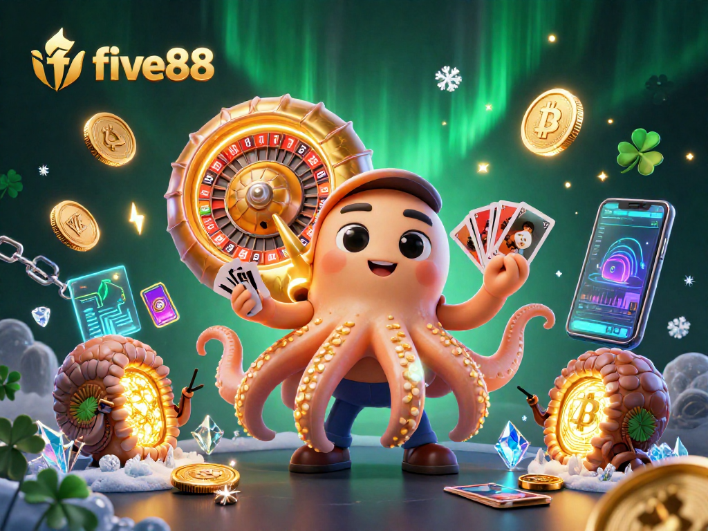 Engage with five88's vibrant 3D casino world filled with crypto coins and glowing characters.