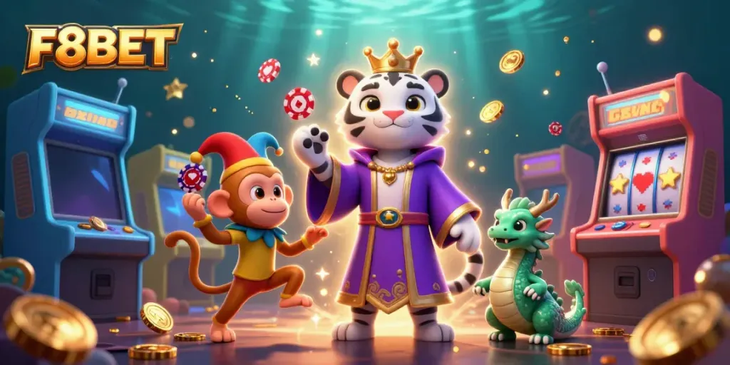 Playful scene with F8BET characters in vibrant casino-themed illustration featuring a regal white tiger, golden monkey, and jade dragon.