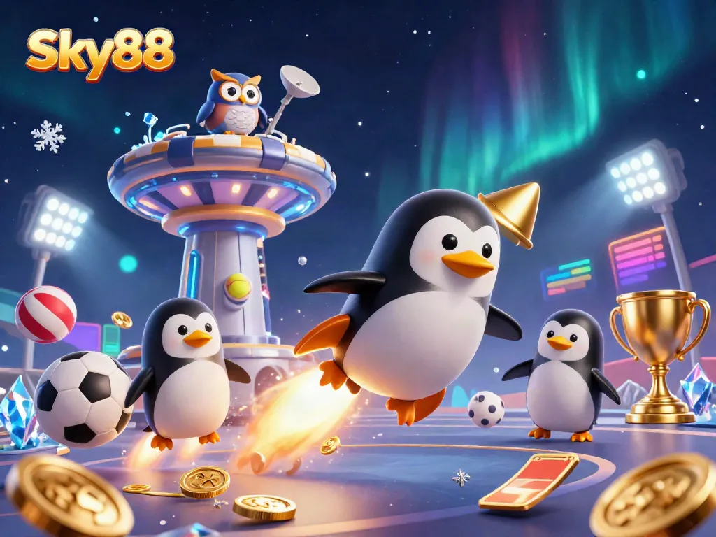 Bet on your fortune with Sky88 as a golden penguin leads a cosmic casino adventure!