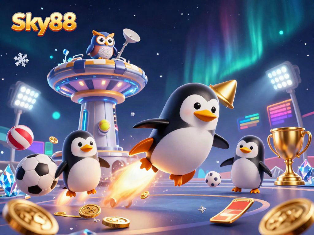 Bet on your fortune with Sky88 as a golden penguin leads a cosmic casino adventure!