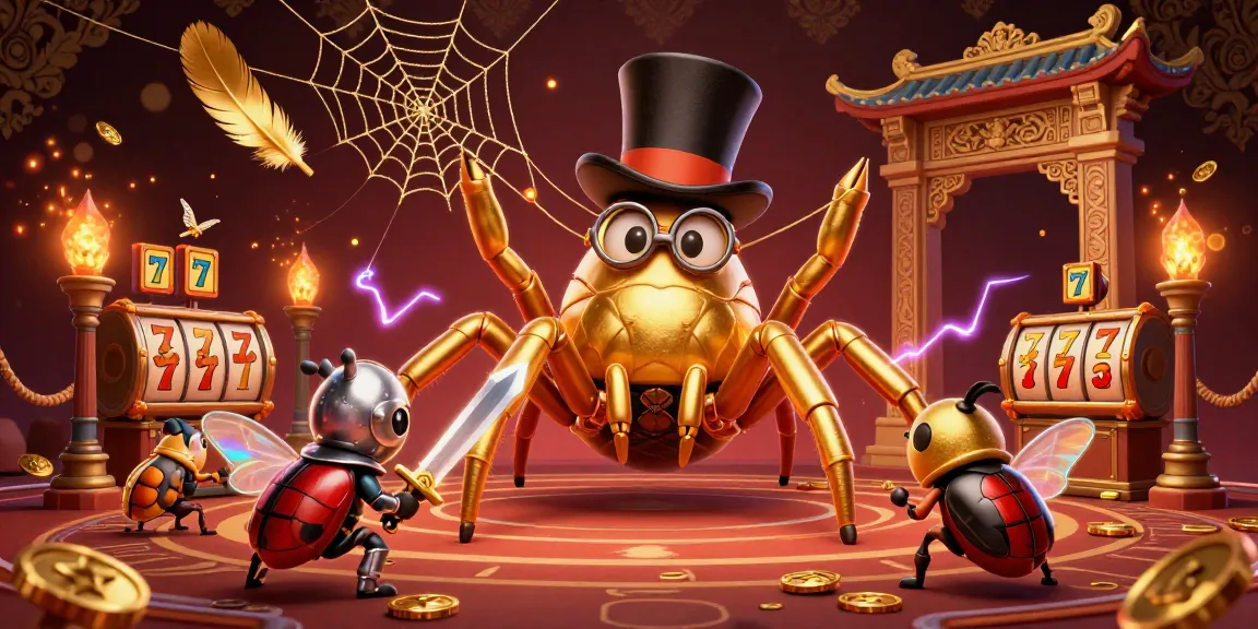 Sunwin's vibrant casino scene showcasing a golden tarantula and beetle knight amidst slot reels and gold coins, capturing excitement.