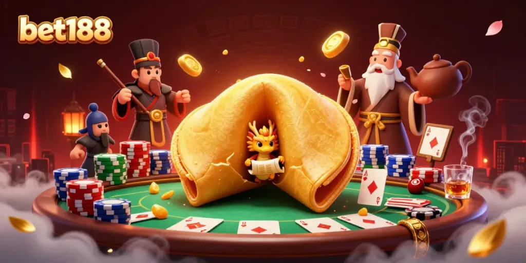 Join the fun at bet188 with a 3D scene featuring poker chips, dragons, and golden fortunes!