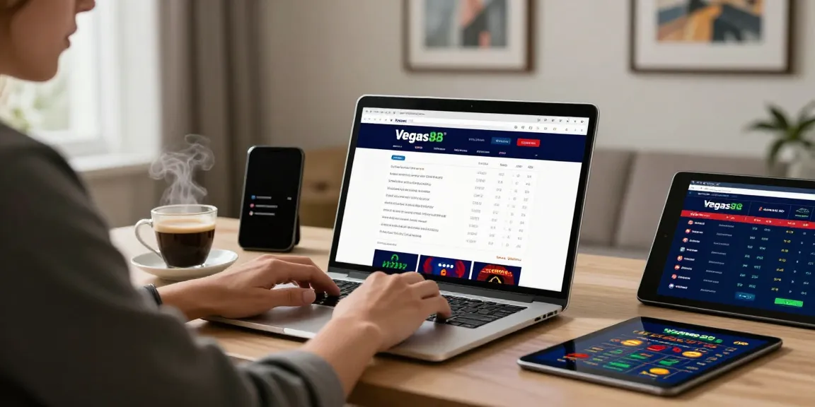 Engaging online gambling scene featuring Link Alternatif Vegas88 on a user's laptop.