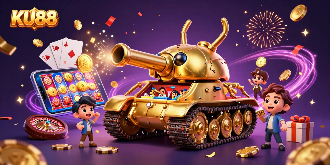 Win big with KU88 at this vibrant 3D casino scene featuring golden elements and playful energy.