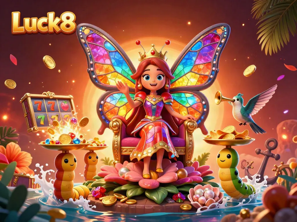 Experience the vibrant world of Luck8, where the butterfly queen presides over a festive, gem-filled casino.