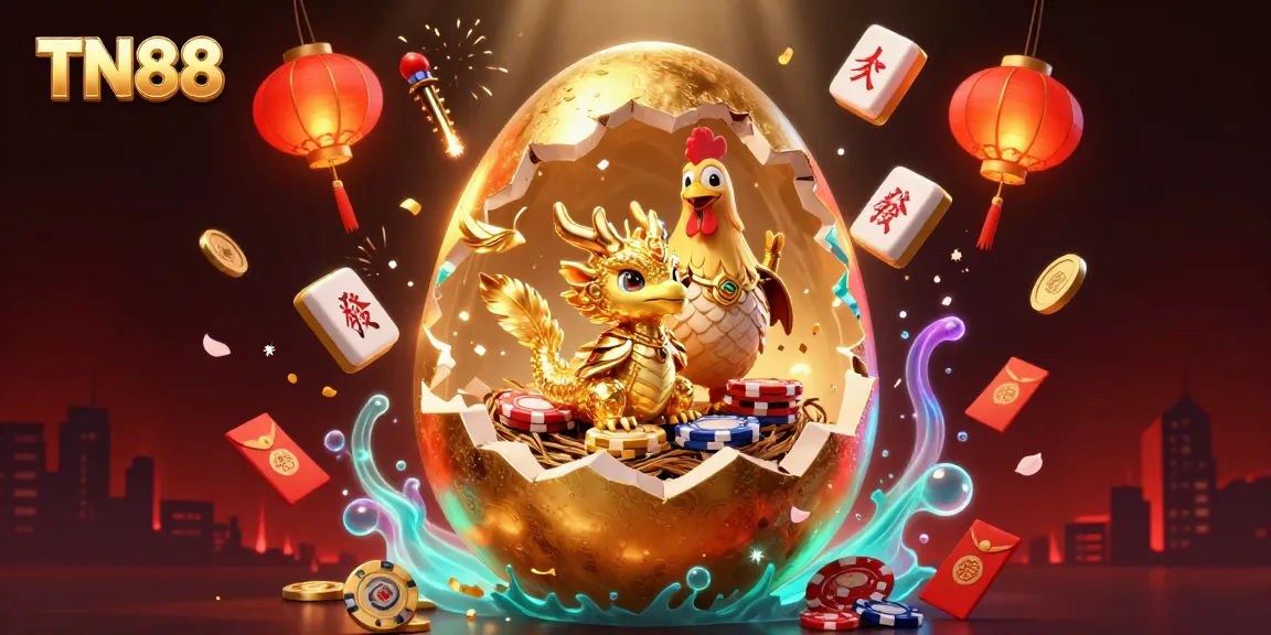 Experience the vibrant world of TN88 with a golden dragon atop poker chips in a luxurious casino scene.