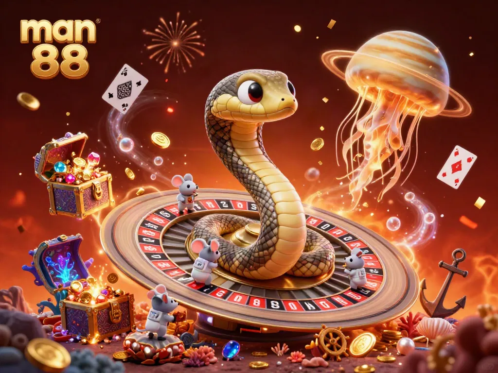 Engage with man 88 in an exciting cosmic casino scene featuring a Saturn ring snake as a roulette wheel with cartoon astronaut mice betting.