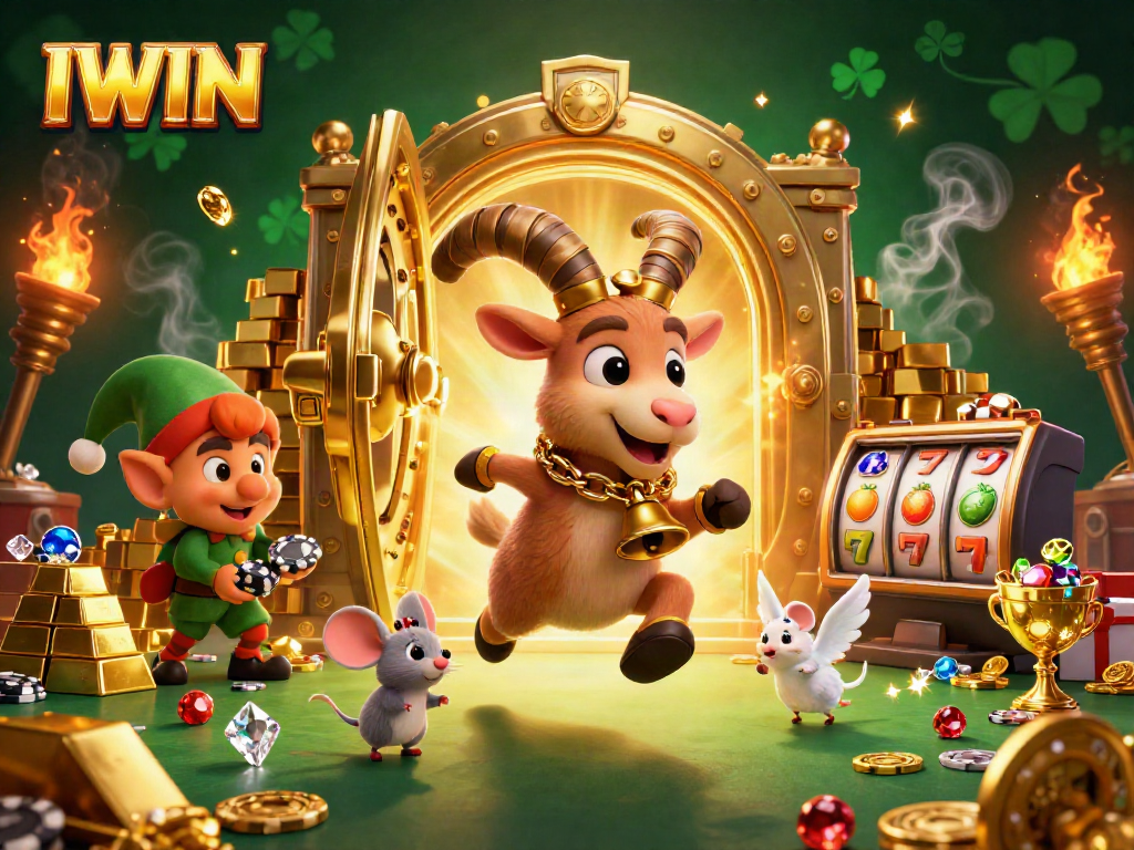 IWIN boasts an energetic holiday-horror casino scene with a Krampus goat and cheerful characters amid vibrant slot game elements.