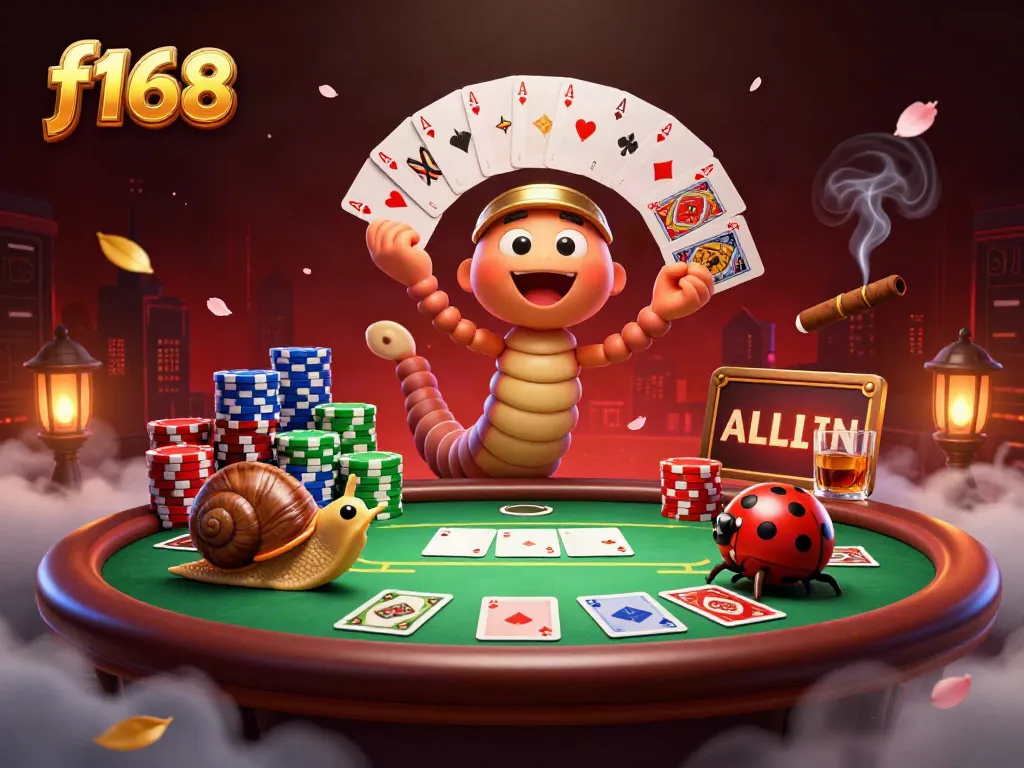 Experience the excitement of f168 with a dynamic casino scene featuring a cartoon dealer and vibrant game elements.