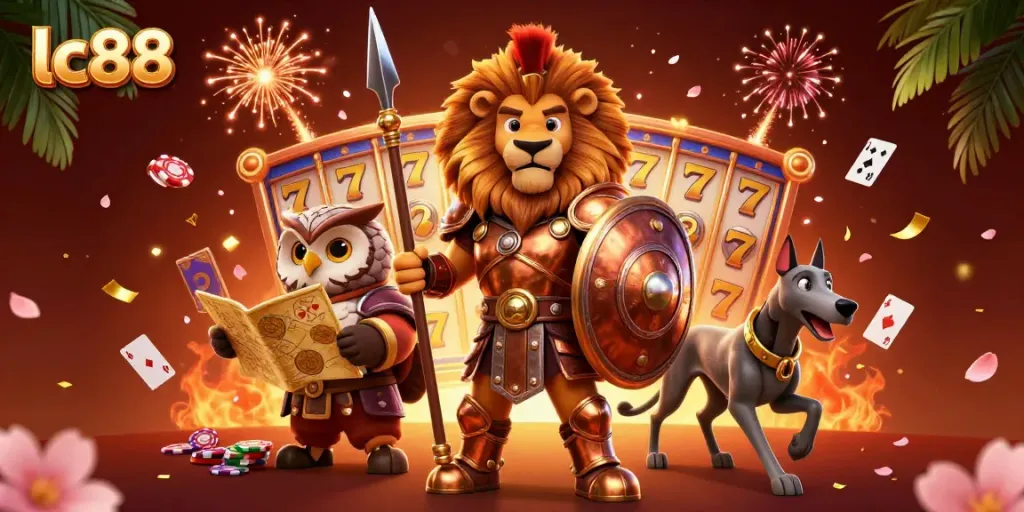 Experience thrilling gaming at lc88 with a colorful and dynamic casino scene featuring a valiant lion, wise owl, and swift dog.