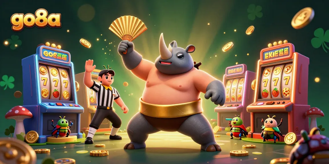 Experience the excitement of go8a with a joyful rhinoceros beetle sumo champion amidst a flurry of golden coins