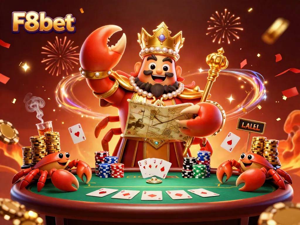 Engage with F8bet's vivid casino world featuring a golden crab emperor and poker elements.