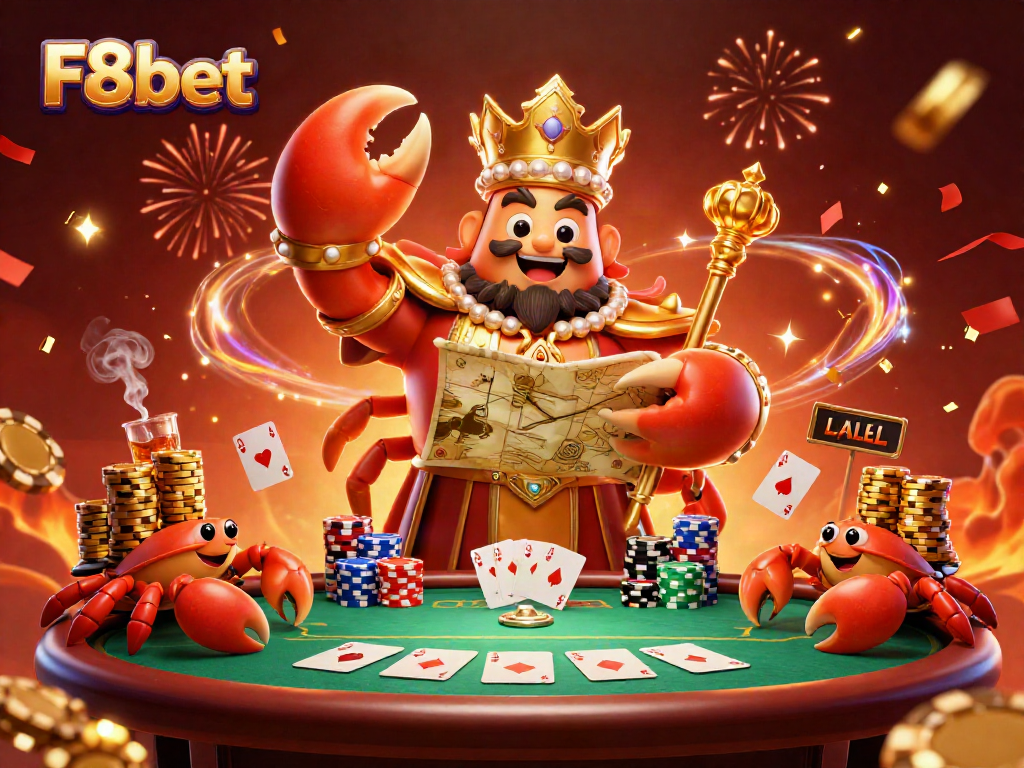 Engage with F8bet's vivid casino world featuring a golden crab emperor and poker elements.