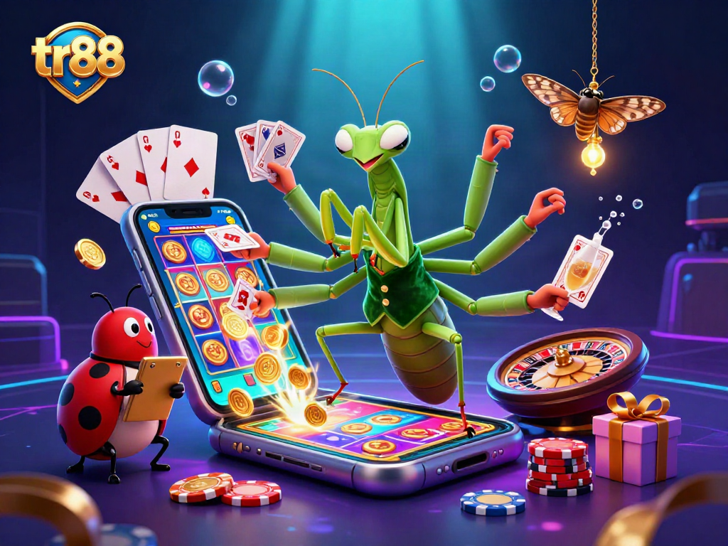 Play lively casino games with tr88 as the giant mantis deals cards and chips in vibrant 3D artwork.