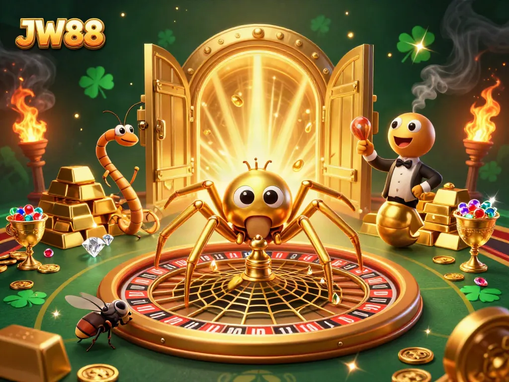 Experience thrilling bets on JW88 at a casino-themed 3D illustration with vivid elements.