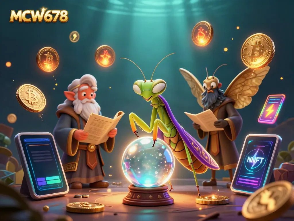Engage with MCW678’s vibrant 3D casino world showcasing fortune tellers, neon crypto coins, and lucky charms.