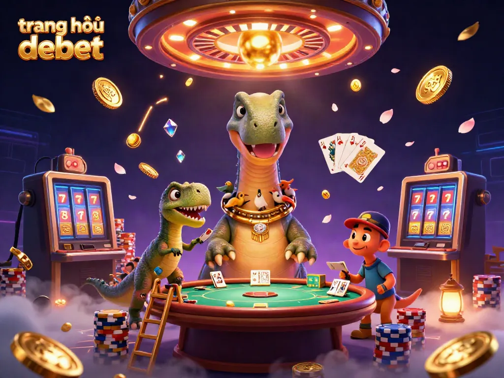 Experience the thrill of trang chủ debet with a fun 3D illustration of a playful scene involving a brontosaurus and a clever raptor at a casino.